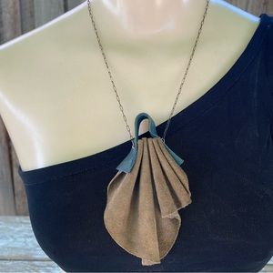 Handmade suede and metal necklace, contemporary necklace, grey and blue suede
